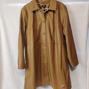 D & Co Brown Faux Leather Long Jacket Coat Trench Floral Sleeves Womens XL